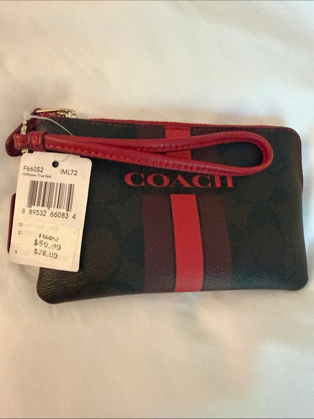 Coach Brown and Red Signature Stripe Wristlet